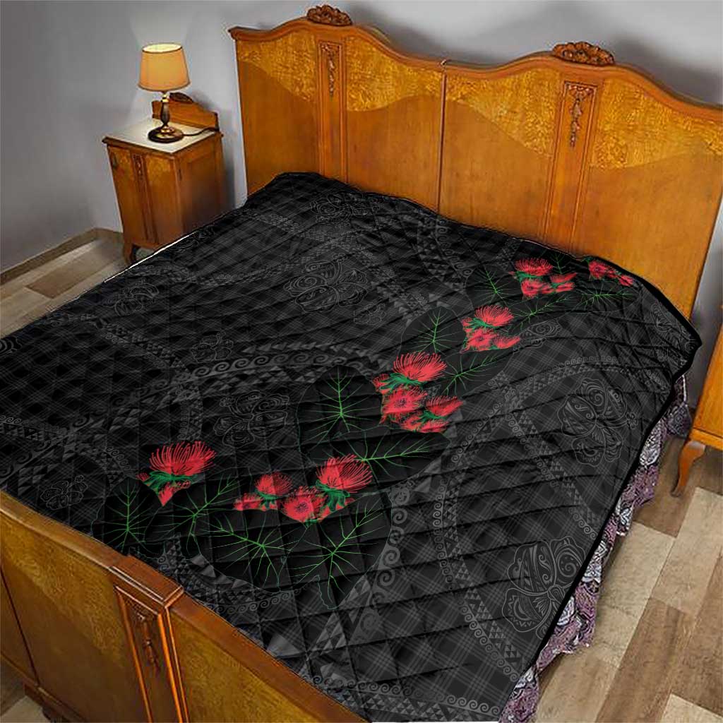 Hawaiian Kakau Art Quilt Taro Leaves with Ohia Lehua and Pakala Pattern - Polynesian Pride