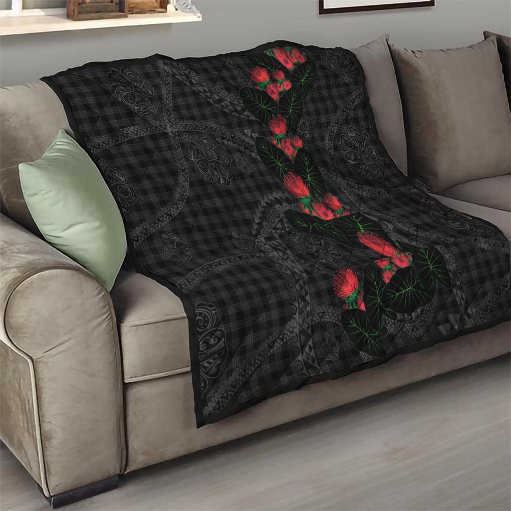 Hawaiian Kakau Art Quilt Taro Leaves with Ohia Lehua and Pakala Pattern - Polynesian Pride