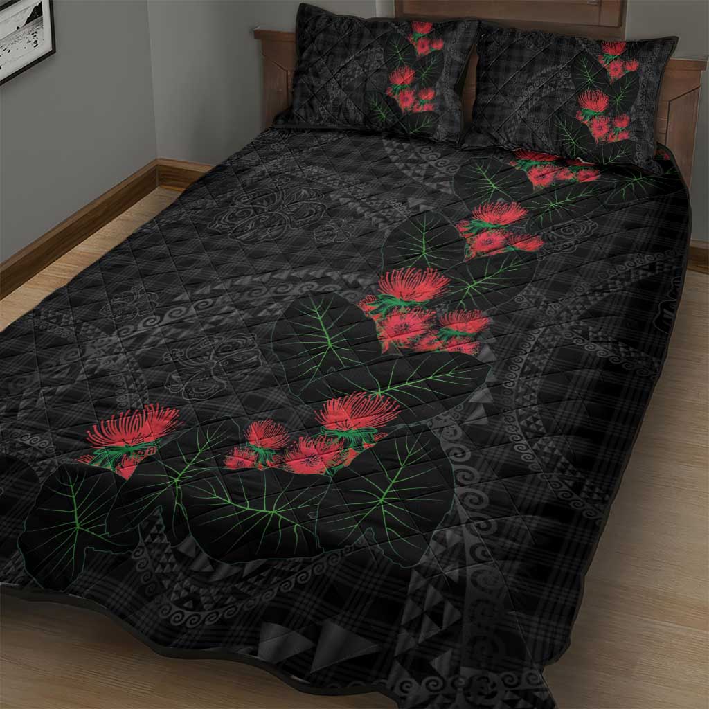 Hawaiian Kakau Art Quilt Bed Set Taro Leaves with Ohia Lehua and Pakala Pattern - Polynesian Pride