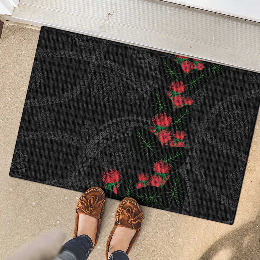Hawaiian Kakau Art Rubber Doormat Taro Leaves with Ohia Lehua and Pakala Pattern - Polynesian Pride