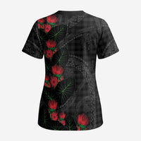 Hawaiian Kakau Art Scrub Top Taro Leaves with Ohia Lehua and Pakala Pattern - Polynesian Pride
