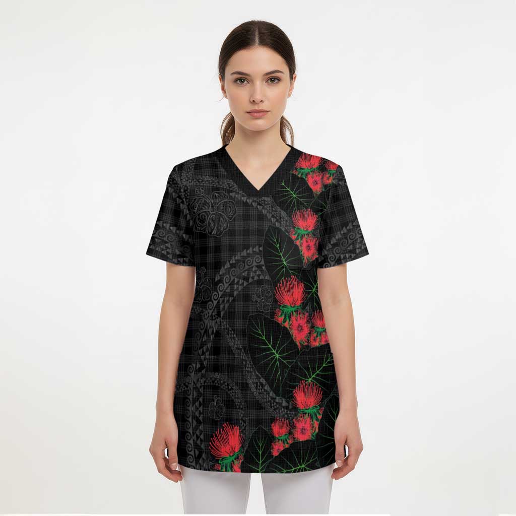 Hawaiian Kakau Art Scrub Top Taro Leaves with Ohia Lehua and Pakala Pattern - Polynesian Pride
