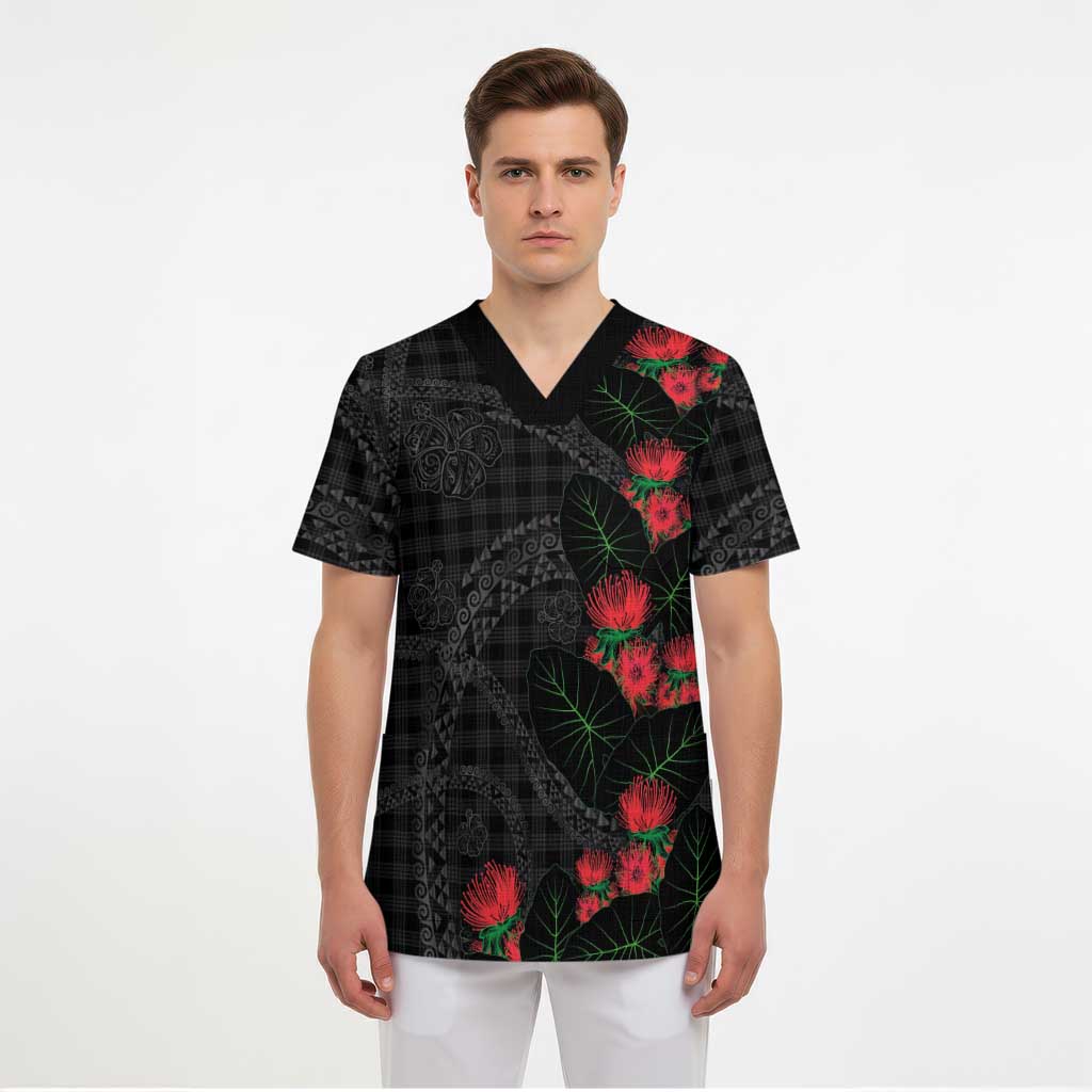 Hawaiian Kakau Art Scrub Top Taro Leaves with Ohia Lehua and Pakala Pattern - Polynesian Pride