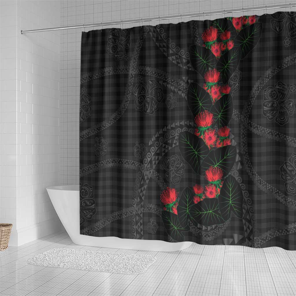 Hawaiian Kakau Art Shower Curtain Taro Leaves with Ohia Lehua and Pakala Pattern - Polynesian Pride