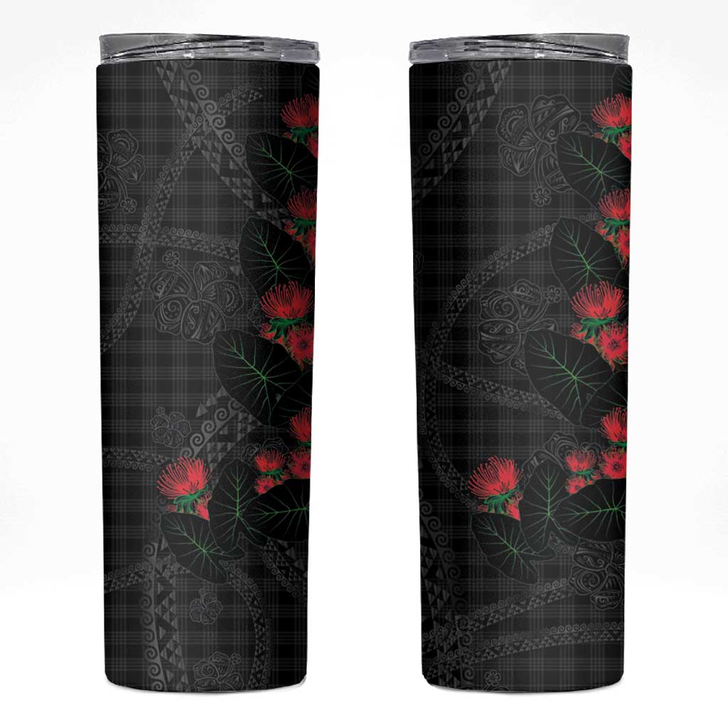 Hawaiian Kakau Art Skinny Tumbler Taro Leaves with Ohia Lehua and Pakala Pattern - Polynesian Pride