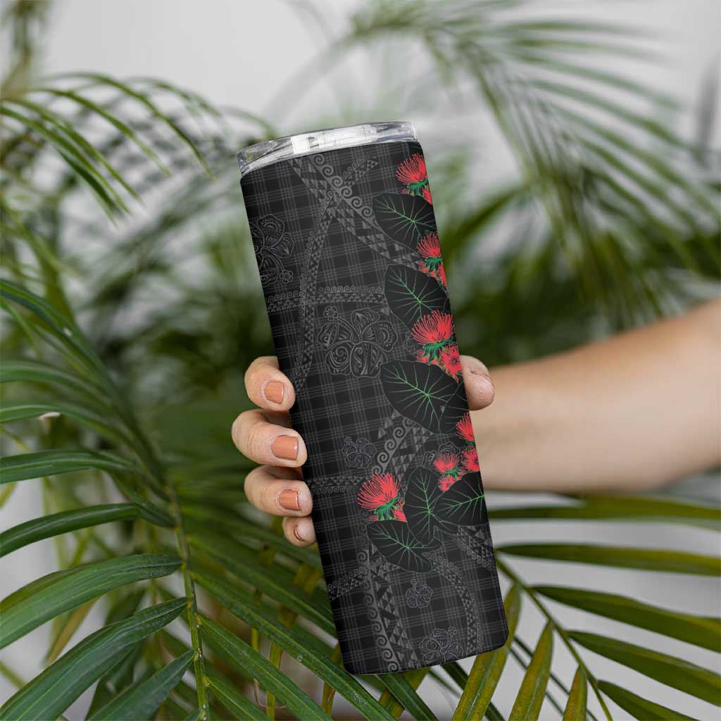 Hawaiian Kakau Art Skinny Tumbler Taro Leaves with Ohia Lehua and Pakala Pattern - Polynesian Pride