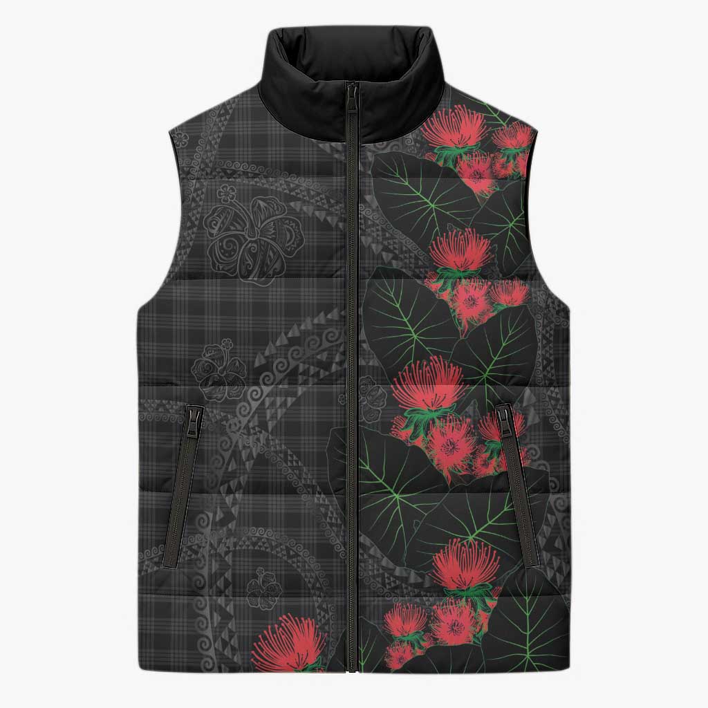 Hawaiian Kakau Art Sleeveless Puffer Jacket Taro Leaves with Ohia Lehua and Pakala Pattern - Polynesian Pride