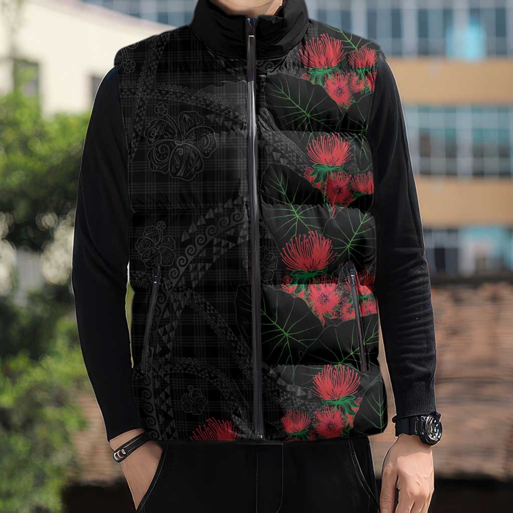 Hawaiian Kakau Art Sleeveless Puffer Jacket Taro Leaves with Ohia Lehua and Pakala Pattern - Polynesian Pride
