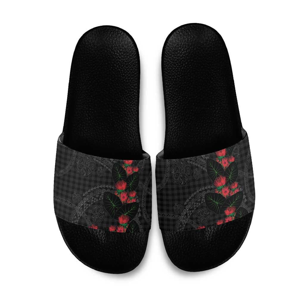 Hawaiian Kakau Art Slide Sandals Taro Leaves with Ohia Lehua and Pakala Pattern - Polynesian Pride