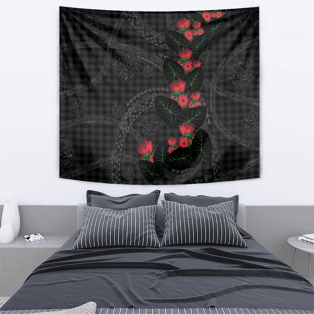 Hawaiian Kakau Art Tapestry Taro Leaves with Ohia Lehua and Pakala Pattern - Polynesian Pride