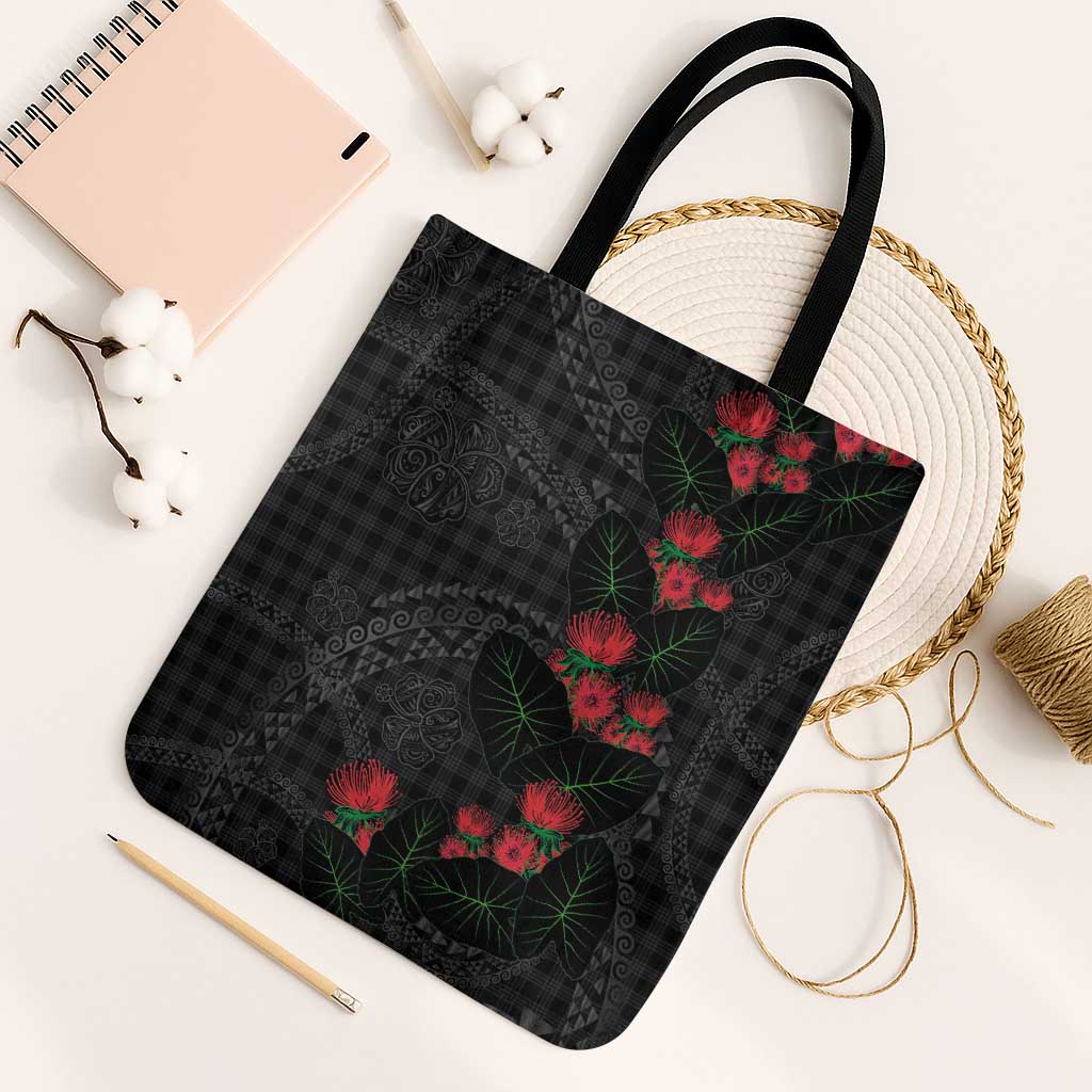Hawaiian Kakau Art Tote Bag Taro Leaves with Ohia Lehua and Pakala Pattern - Polynesian Pride