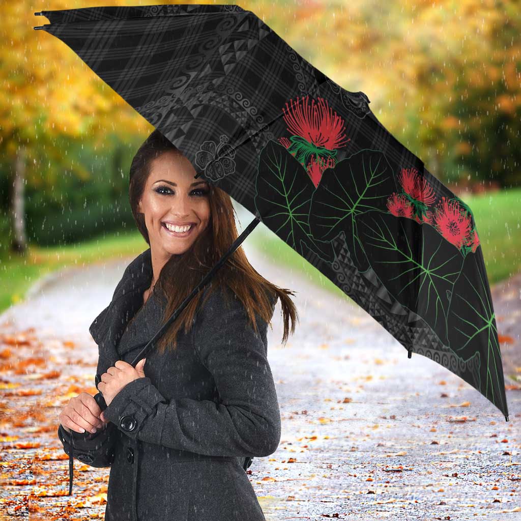Hawaiian Kakau Art Umbrella Taro Leaves with Ohia Lehua and Pakala Pattern - Polynesian Pride