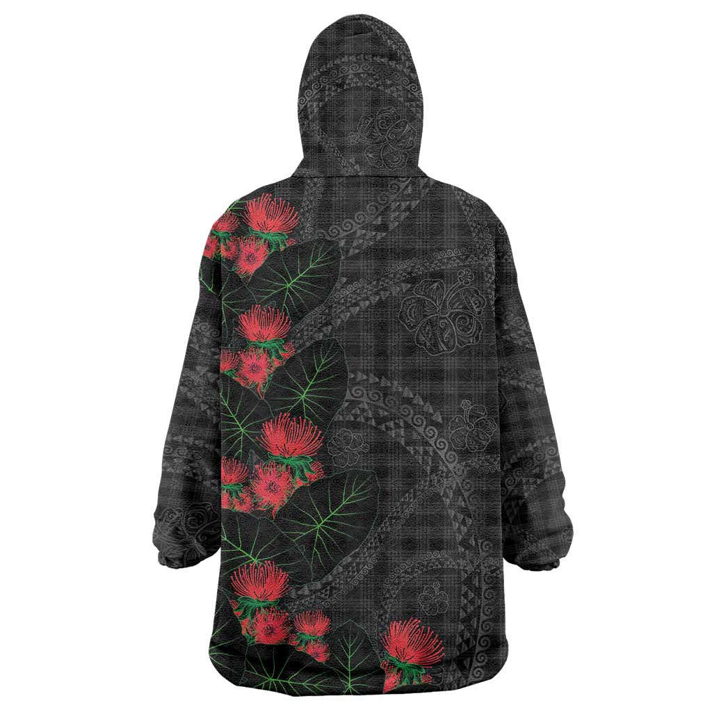 Hawaiian Kakau Art Wearable Blanket Hoodie Taro Leaves with Ohia Lehua and Pakala Pattern - Polynesian Pride