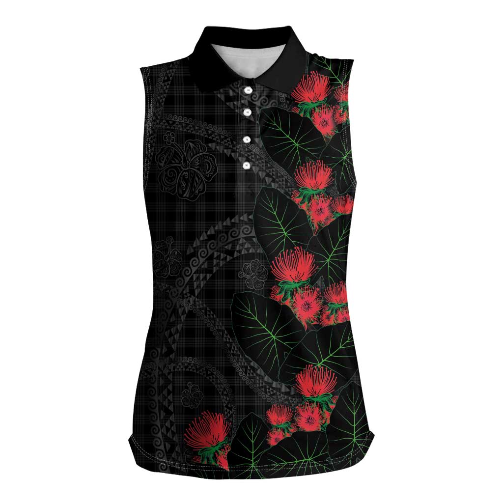 Hawaiian Kakau Art Women Sleeveless Polo Shirt Taro Leaves with Ohia Lehua and Pakala Pattern - Polynesian Pride