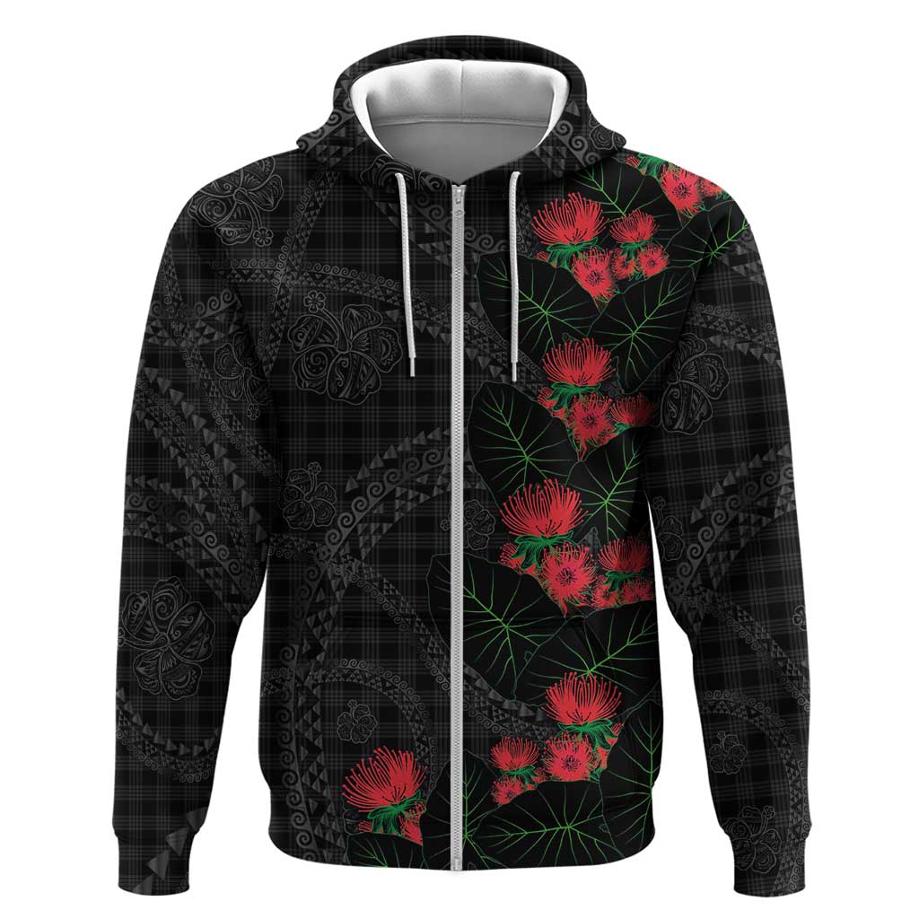 Hawaiian Kakau Art Zip Hoodie Taro Leaves with Ohia Lehua and Pakala Pattern - Polynesian Pride