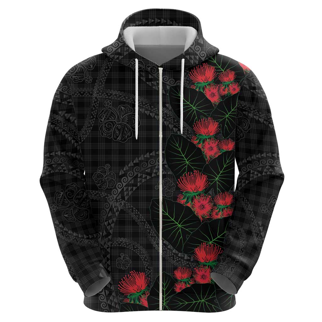 Hawaiian Kakau Art Zip Hoodie Taro Leaves with Ohia Lehua and Pakala Pattern - Polynesian Pride