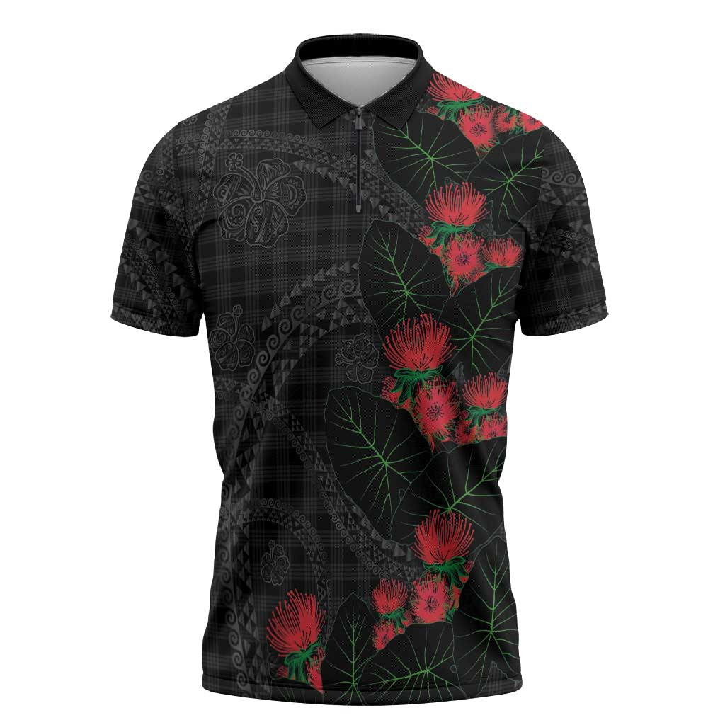 Hawaiian Kakau Art Zipper Polo Shirt Taro Leaves with Ohia Lehua and Pakala Pattern - Polynesian Pride