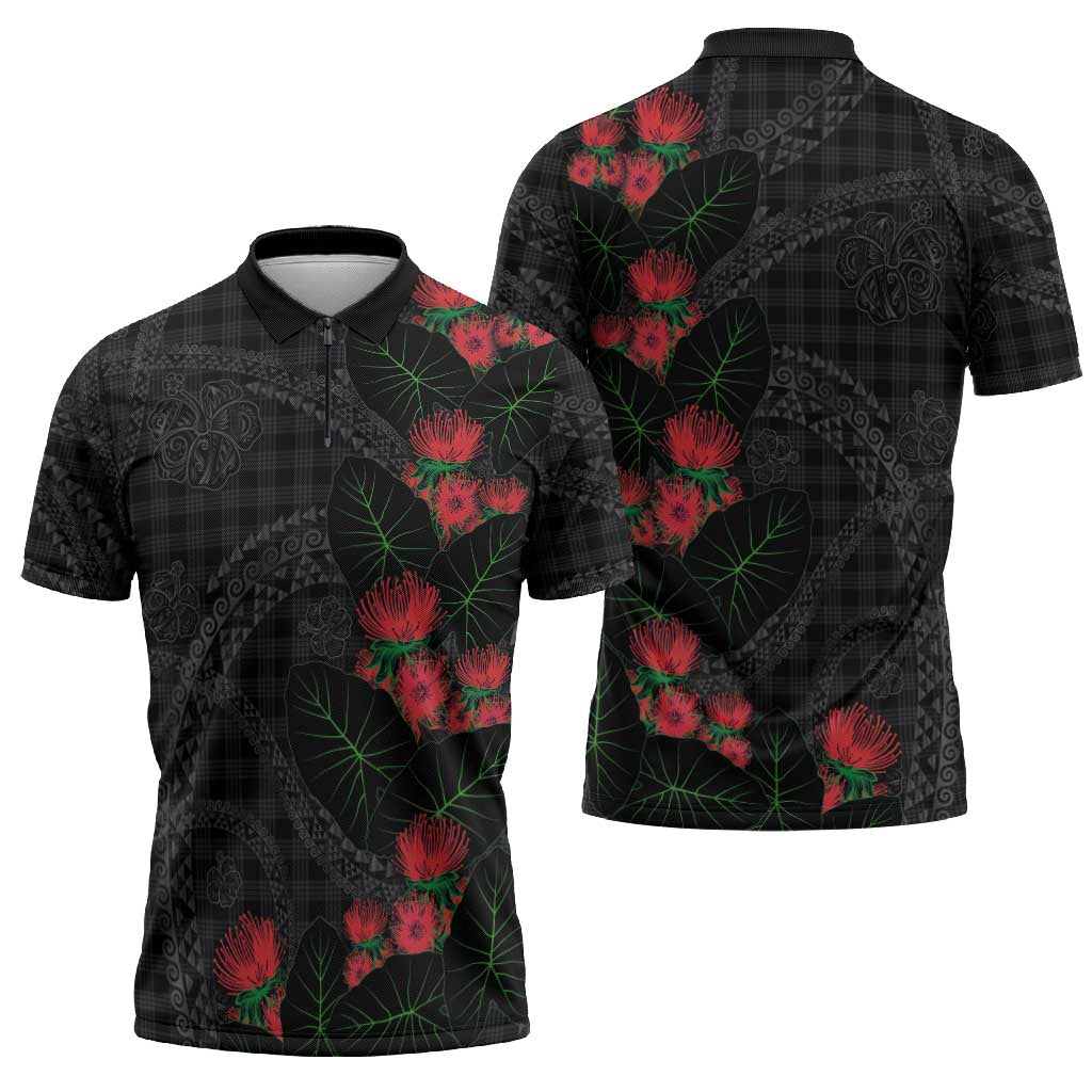 Hawaiian Kakau Art Zipper Polo Shirt Taro Leaves with Ohia Lehua and Pakala Pattern - Polynesian Pride