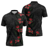 Hawaiian Kakau Art Zipper Polo Shirt Taro Leaves with Ohia Lehua and Pakala Pattern - Polynesian Pride