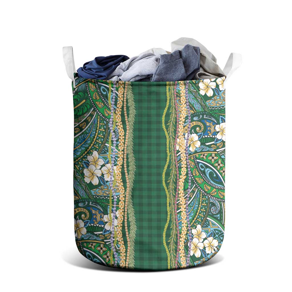 Hawaiian Art Flower Tribal with Lei Laundry Basket Palaka Pattern Green Color - Polynesian Pride