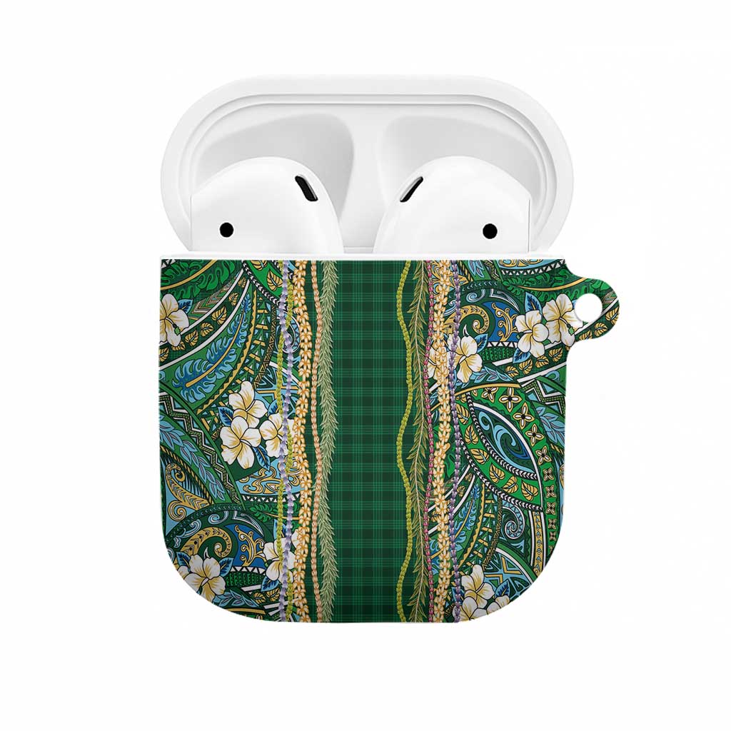 Hawaiian Art Flower Tribal with Lei AirPods Case Palaka Pattern Green Color - Polynesian Pride