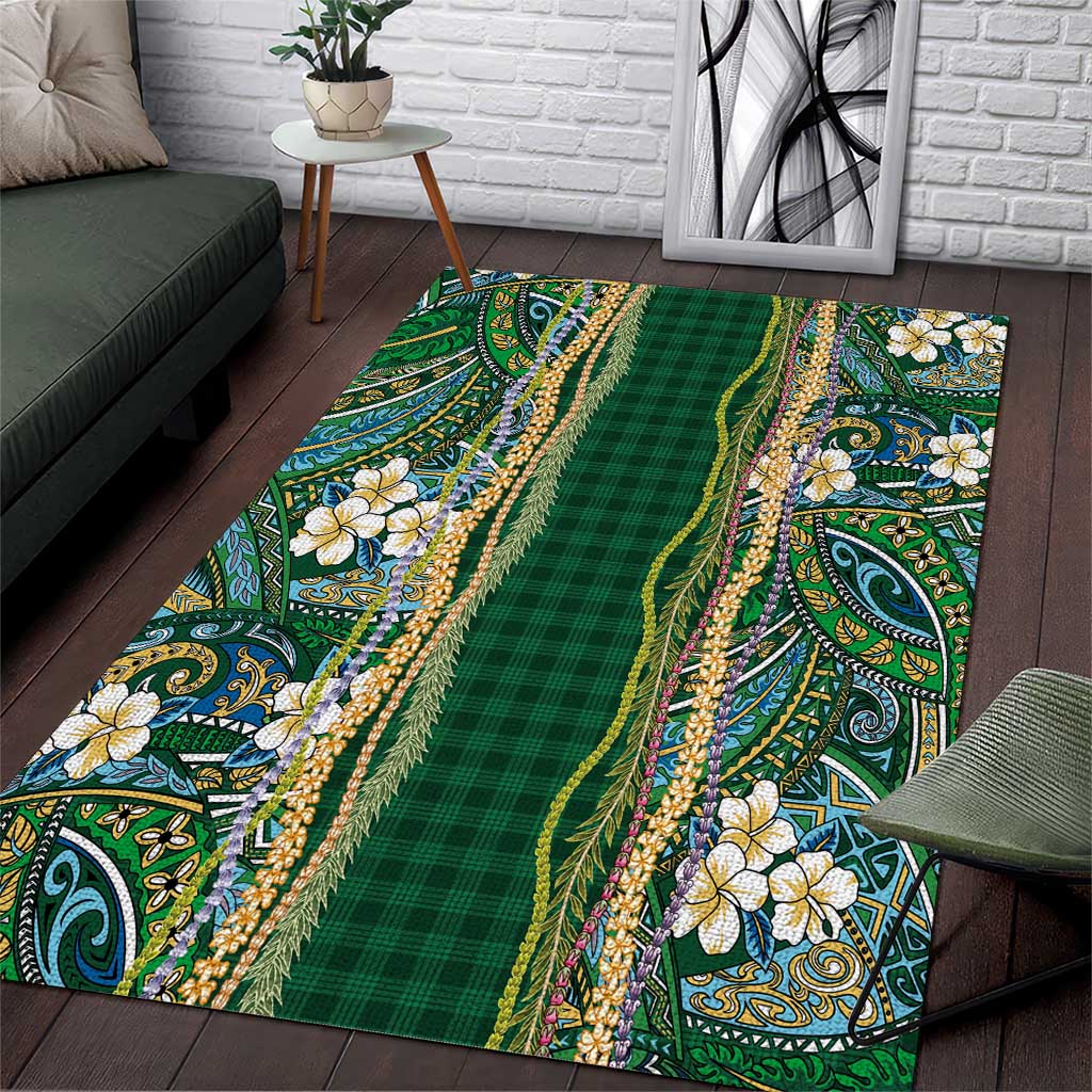 Hawaiian Art Flower Tribal with Lei Area Rug Palaka Pattern Green Color - Polynesian Pride