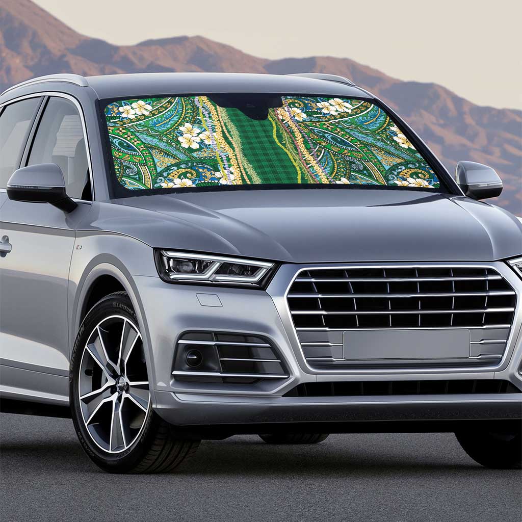 Hawaiian Art Flower Tribal with Lei Auto Sun Shade Palaka Pattern Green Color - Polynesian Pride