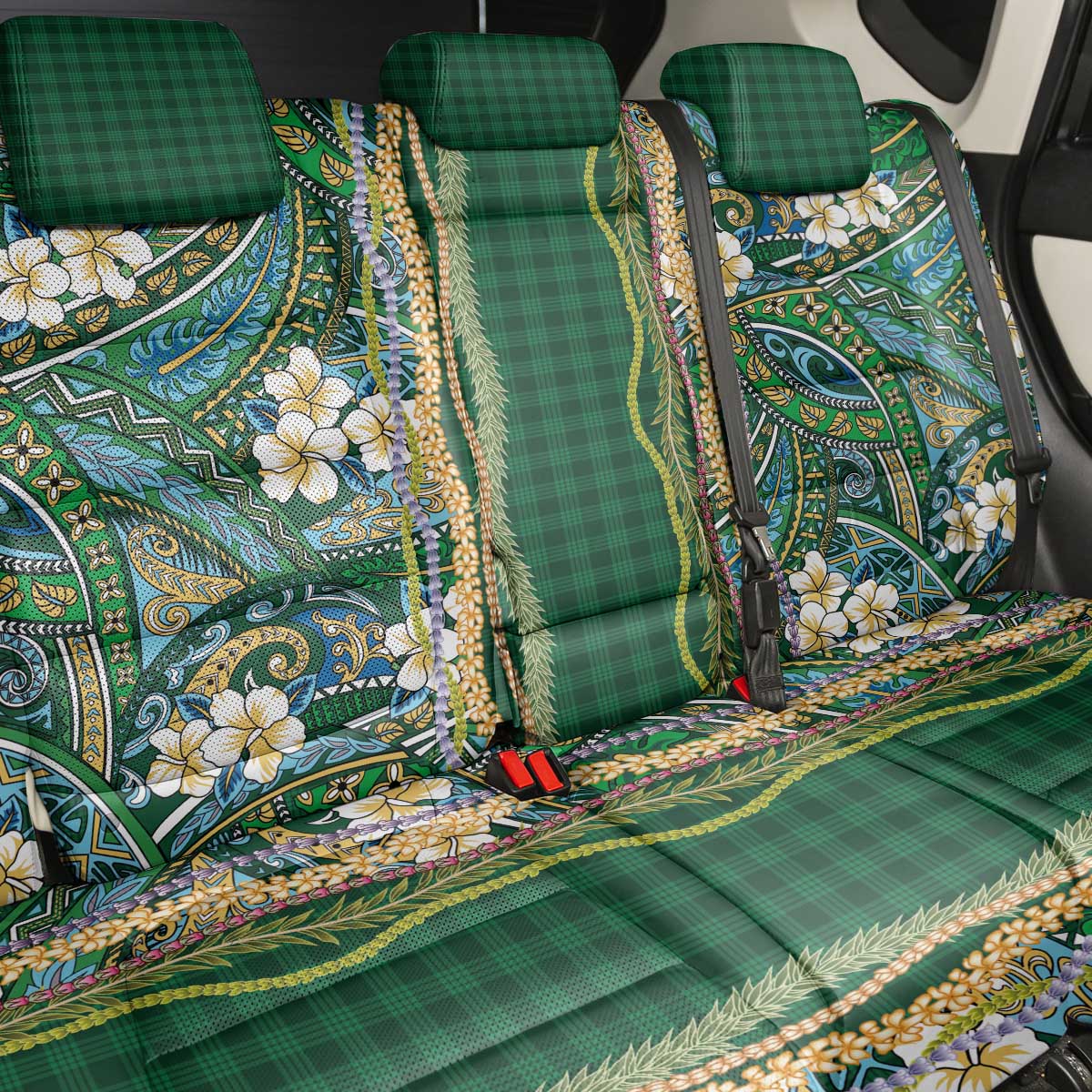 Hawaiian Art Flower Tribal with Lei Back Car Seat Cover Palaka Pattern Green Color - Polynesian Pride