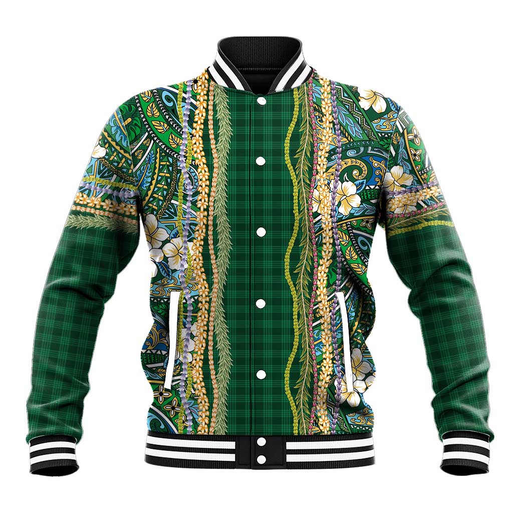Hawaiian Art Flower Tribal with Lei Baseball Jacket Palaka Pattern Green Color - Polynesian Pride
