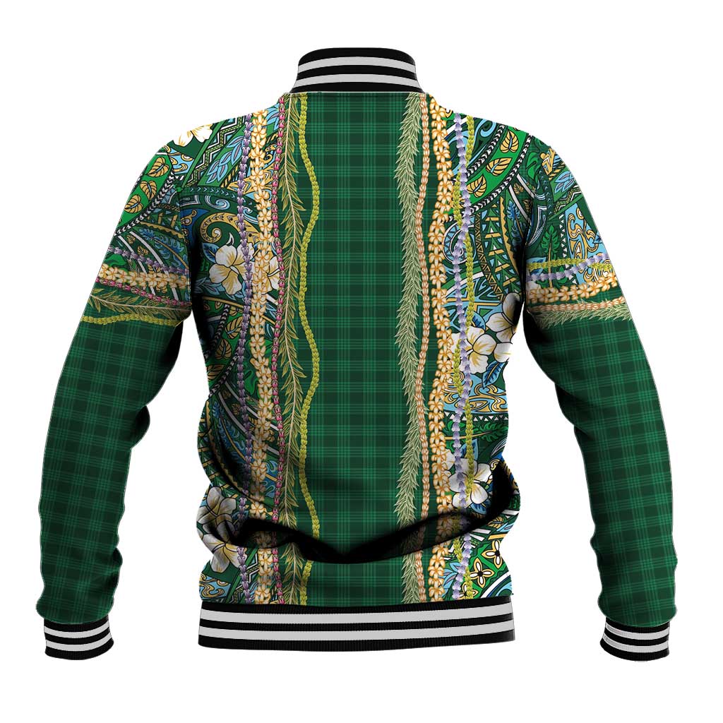 Hawaiian Art Flower Tribal with Lei Baseball Jacket Palaka Pattern Green Color - Polynesian Pride