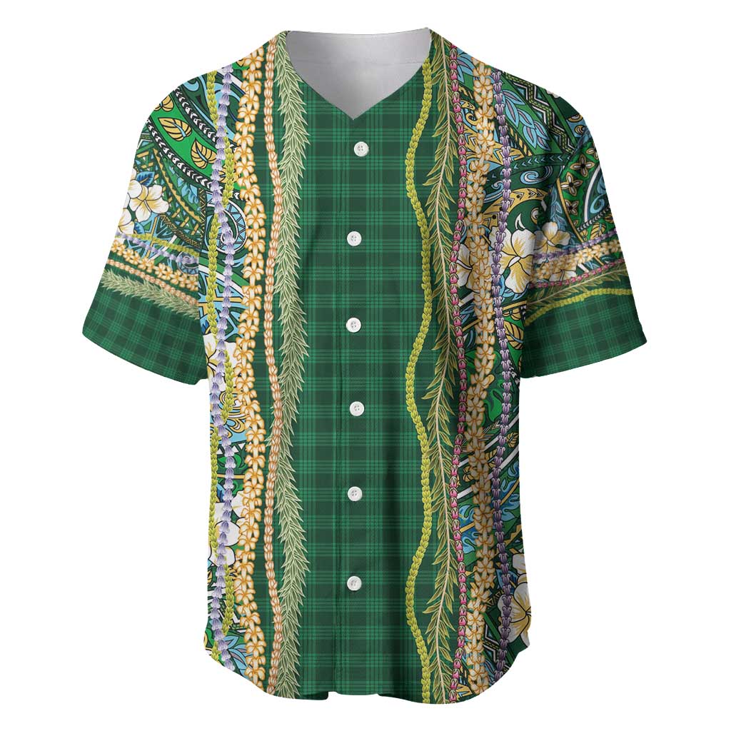 Hawaiian Art Flower Tribal with Lei Baseball Jersey Palaka Pattern Green Color - Polynesian Pride