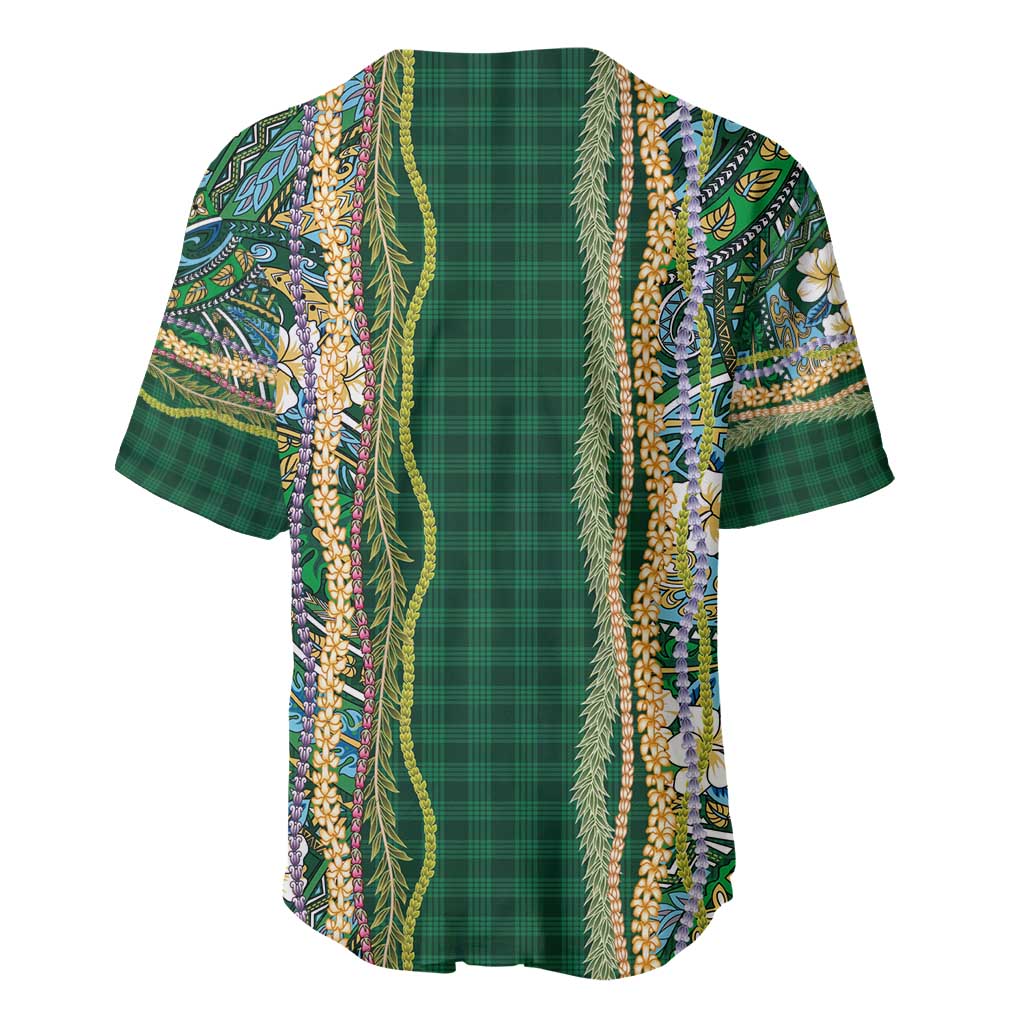 Hawaiian Art Flower Tribal with Lei Baseball Jersey Palaka Pattern Green Color - Polynesian Pride