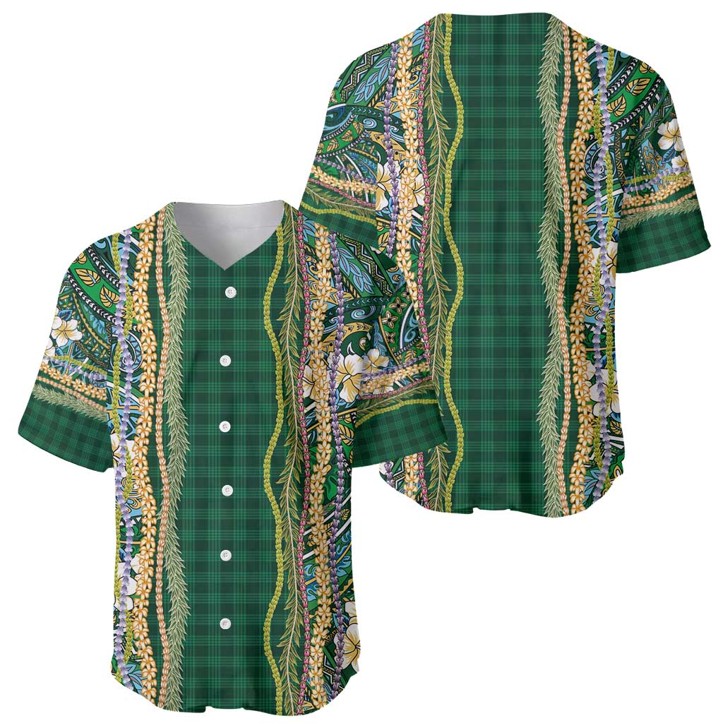 Hawaiian Art Flower Tribal with Lei Baseball Jersey Palaka Pattern Green Color - Polynesian Pride