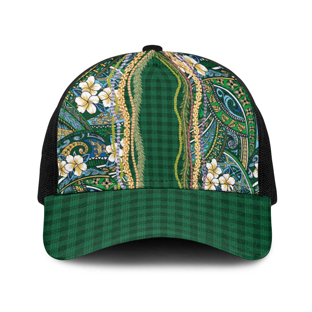 Hawaiian Art Flower Tribal with Lei Baseball Net Cap Palaka Pattern Green Color - Polynesian Pride