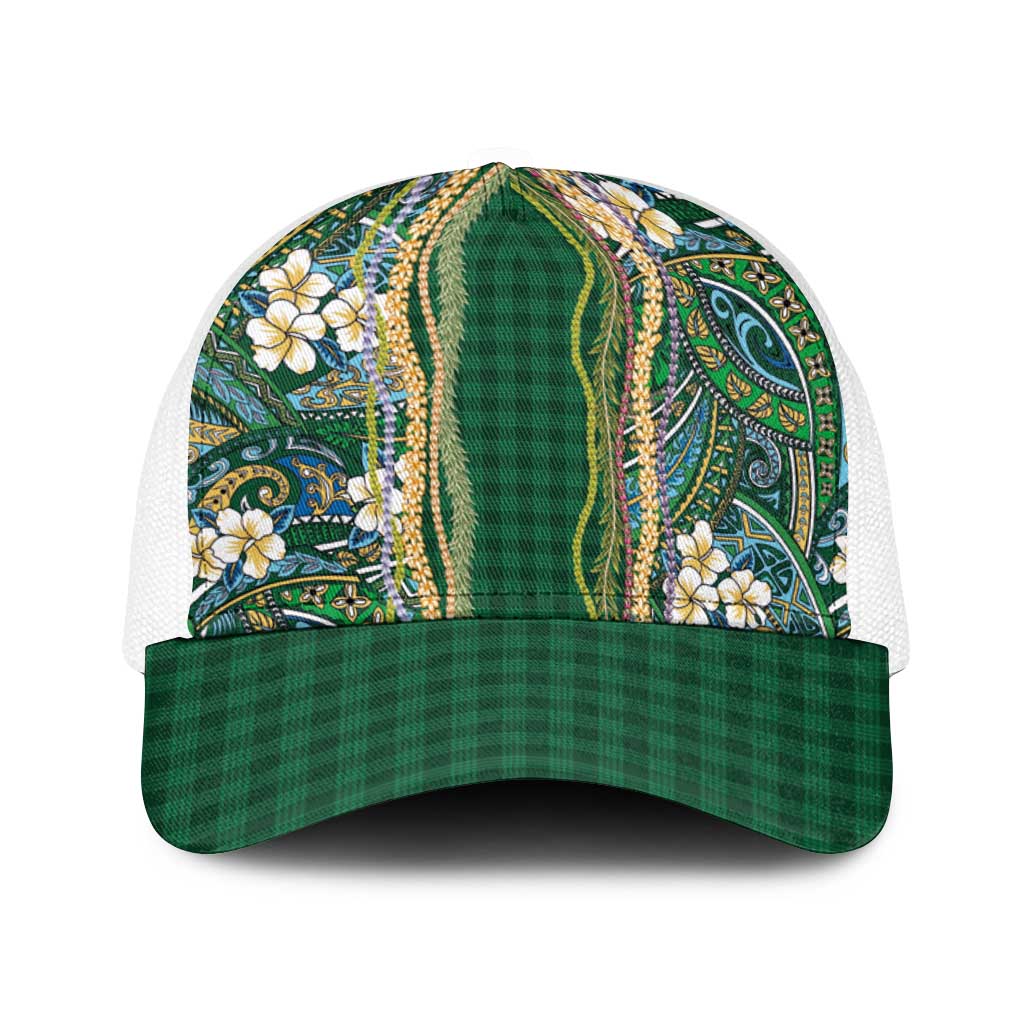 Hawaiian Art Flower Tribal with Lei Baseball Net Cap Palaka Pattern Green Color - Polynesian Pride