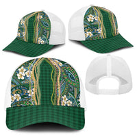 Hawaiian Art Flower Tribal with Lei Baseball Net Cap Palaka Pattern Green Color - Polynesian Pride