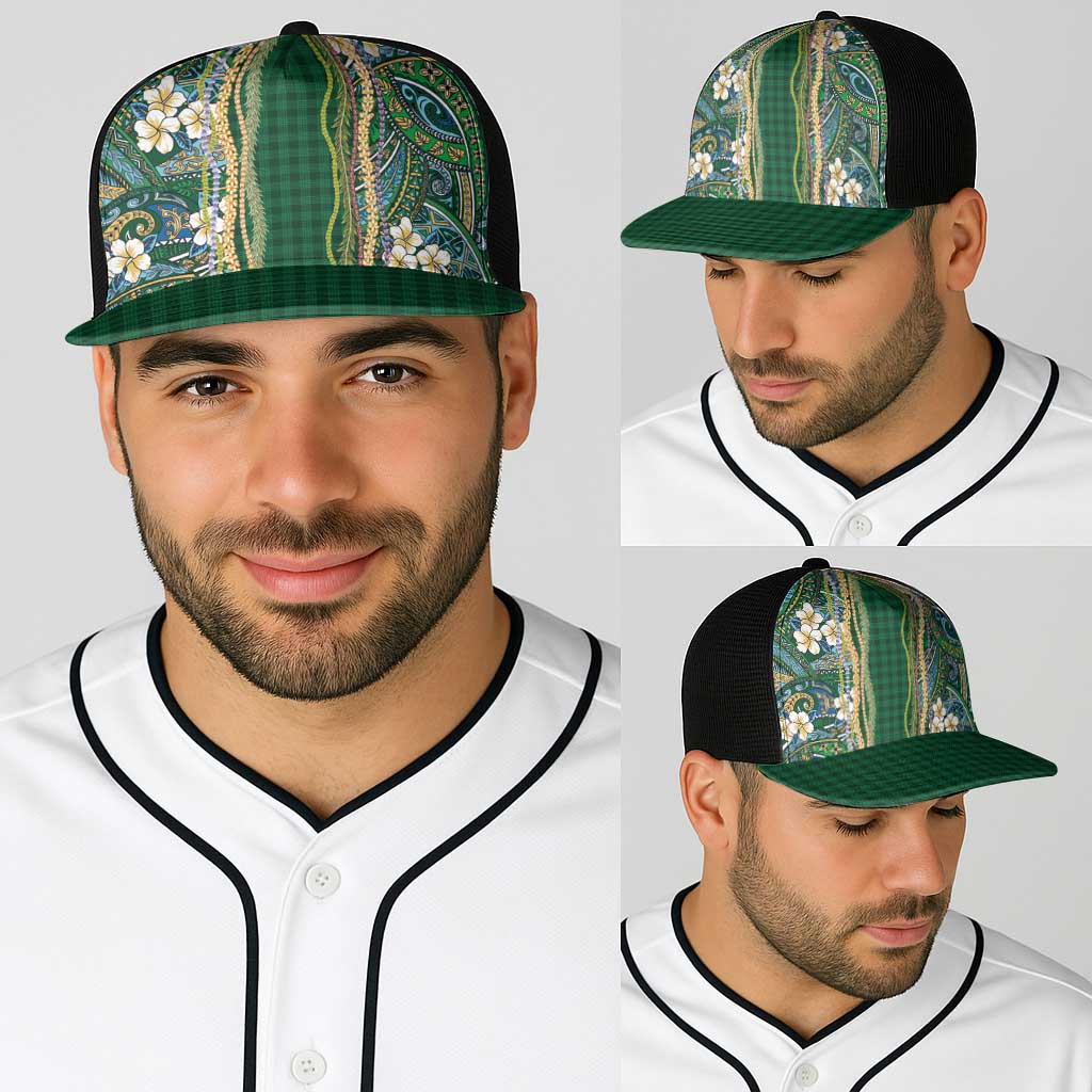Hawaiian Art Flower Tribal with Lei Baseball Net Cap Palaka Pattern Green Color - Polynesian Pride