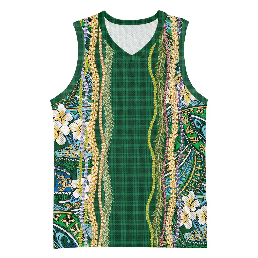 Hawaiian Art Flower Tribal with Lei Basketball Jersey Palaka Pattern Green Color - Polynesian Pride