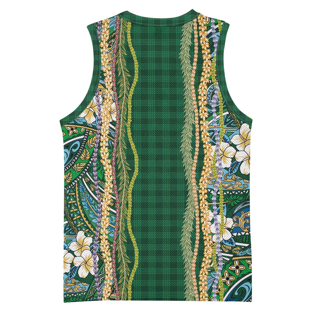 Hawaiian Art Flower Tribal with Lei Basketball Jersey Palaka Pattern Green Color - Polynesian Pride
