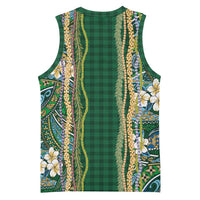 Hawaiian Art Flower Tribal with Lei Basketball Jersey Palaka Pattern Green Color - Polynesian Pride