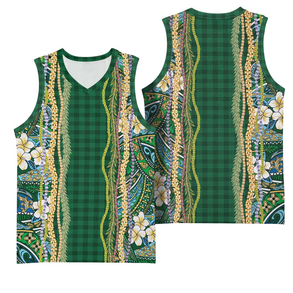 Hawaiian Art Flower Tribal with Lei Basketball Jersey Palaka Pattern Green Color - Polynesian Pride