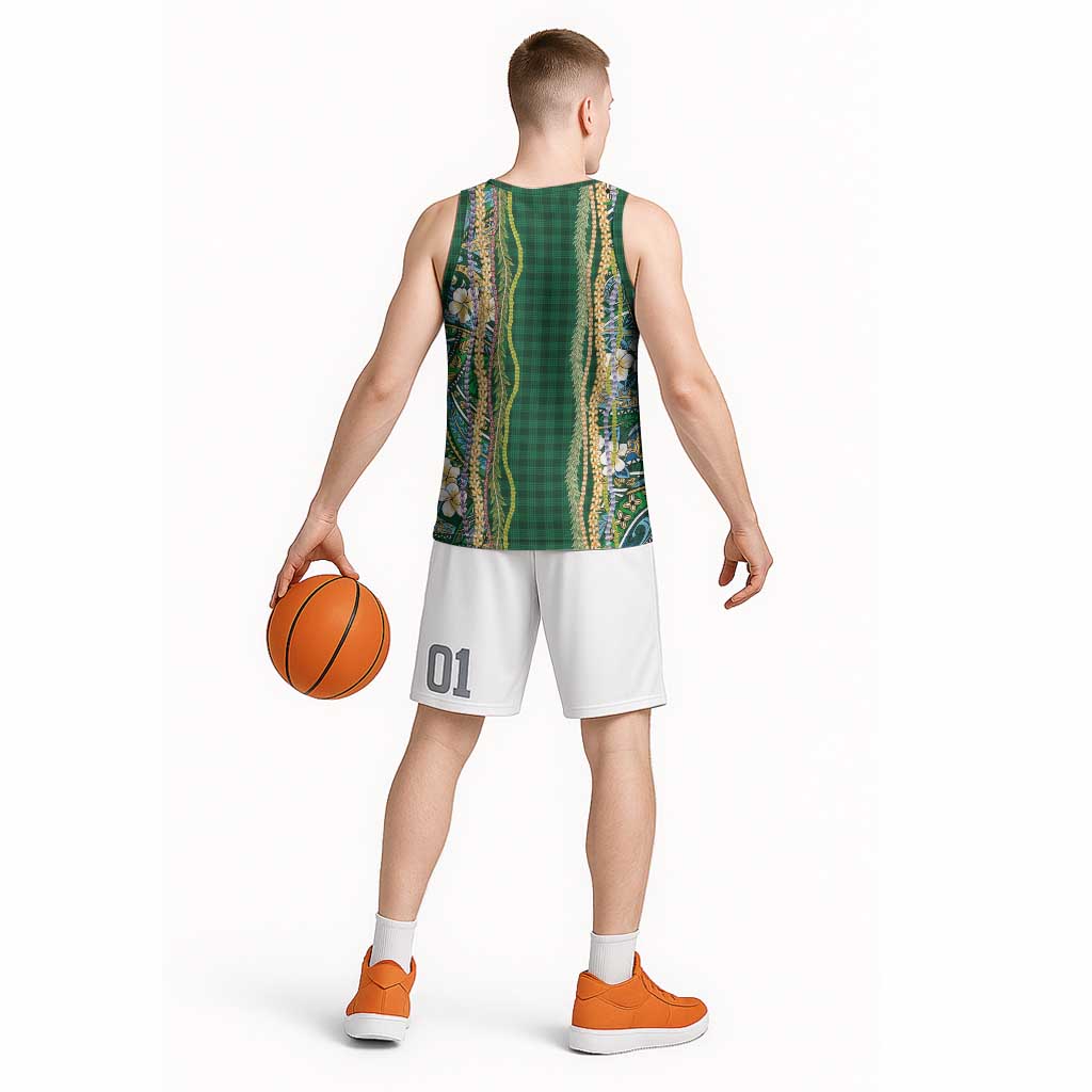 Hawaiian Art Flower Tribal with Lei Basketball Jersey Palaka Pattern Green Color - Polynesian Pride