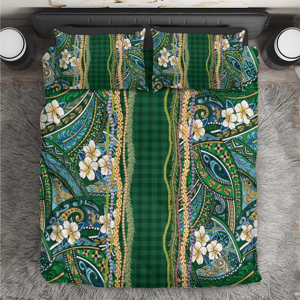 Hawaiian Art Flower Tribal with Lei Bedding Set Palaka Pattern Green Color - Polynesian Pride