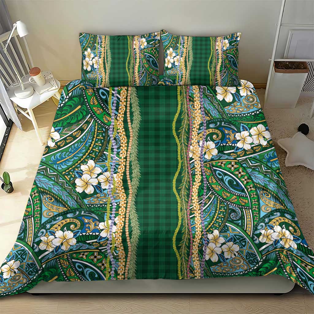 Hawaiian Art Flower Tribal with Lei Bedding Set Palaka Pattern Green Color - Polynesian Pride