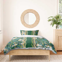 Hawaiian Art Flower Tribal with Lei Bedding Set Palaka Pattern Green Color - Polynesian Pride