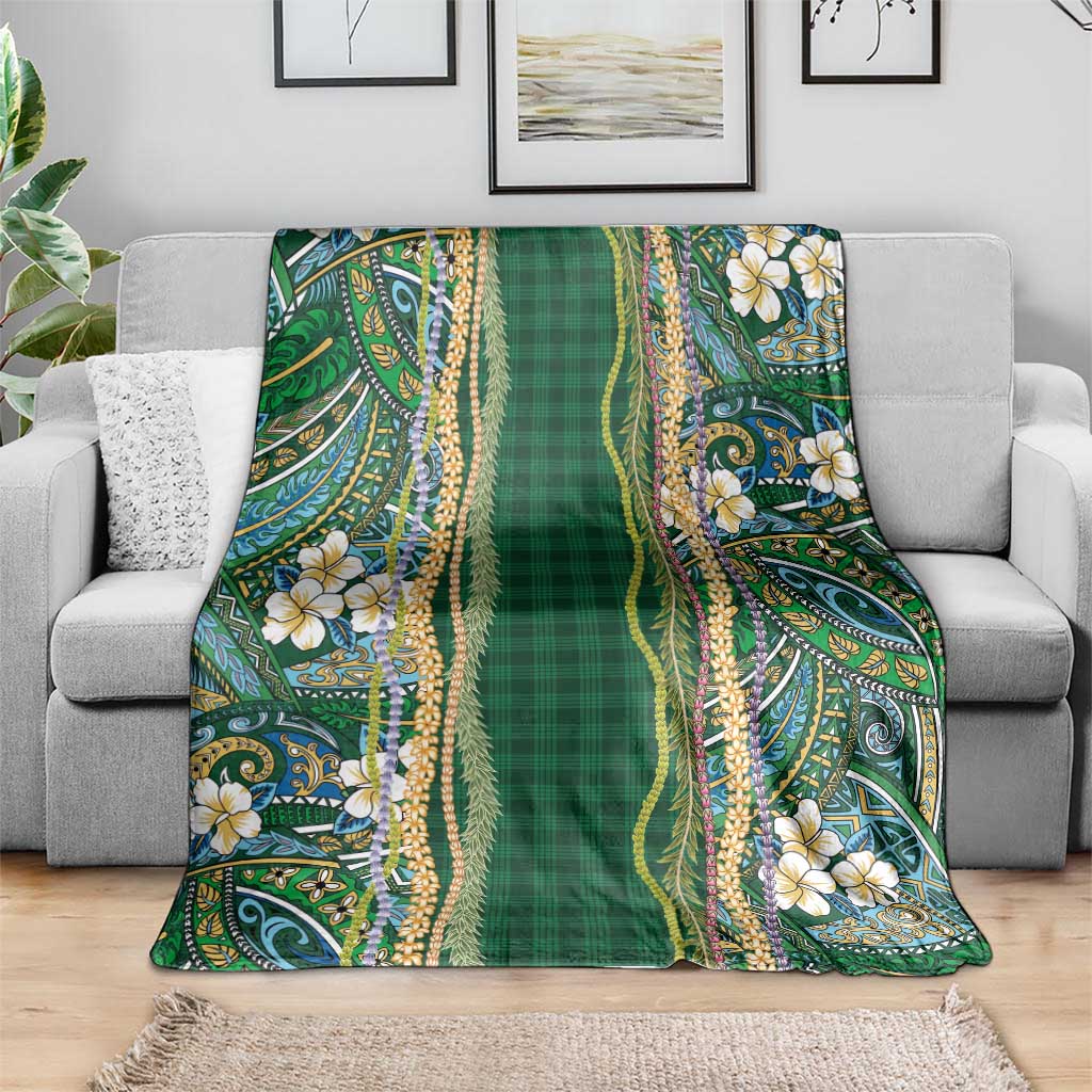 Hawaiian Art Flower Tribal with Lei Blanket Palaka Pattern Green Color - Polynesian Pride