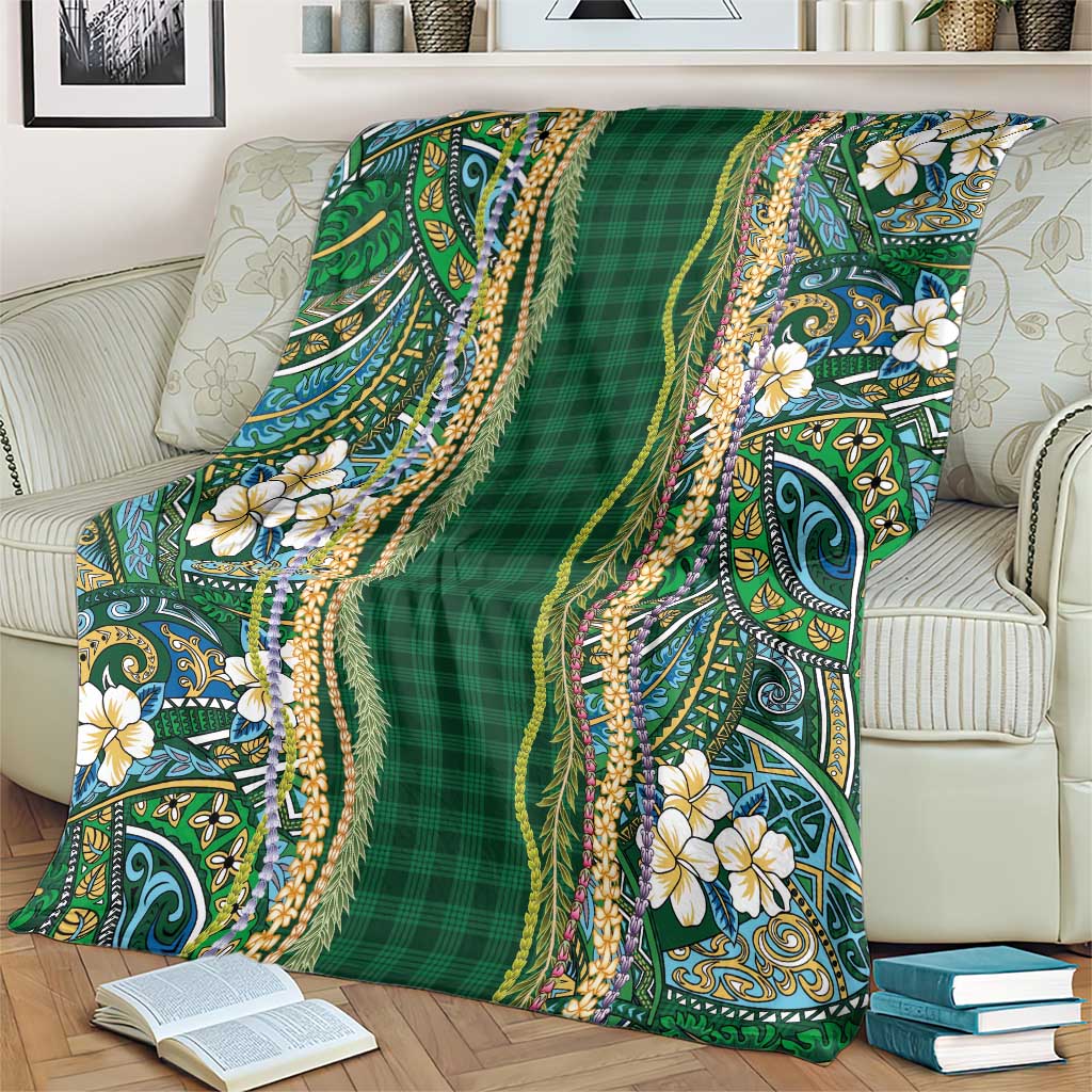 Hawaiian Art Flower Tribal with Lei Blanket Palaka Pattern Green Color - Polynesian Pride