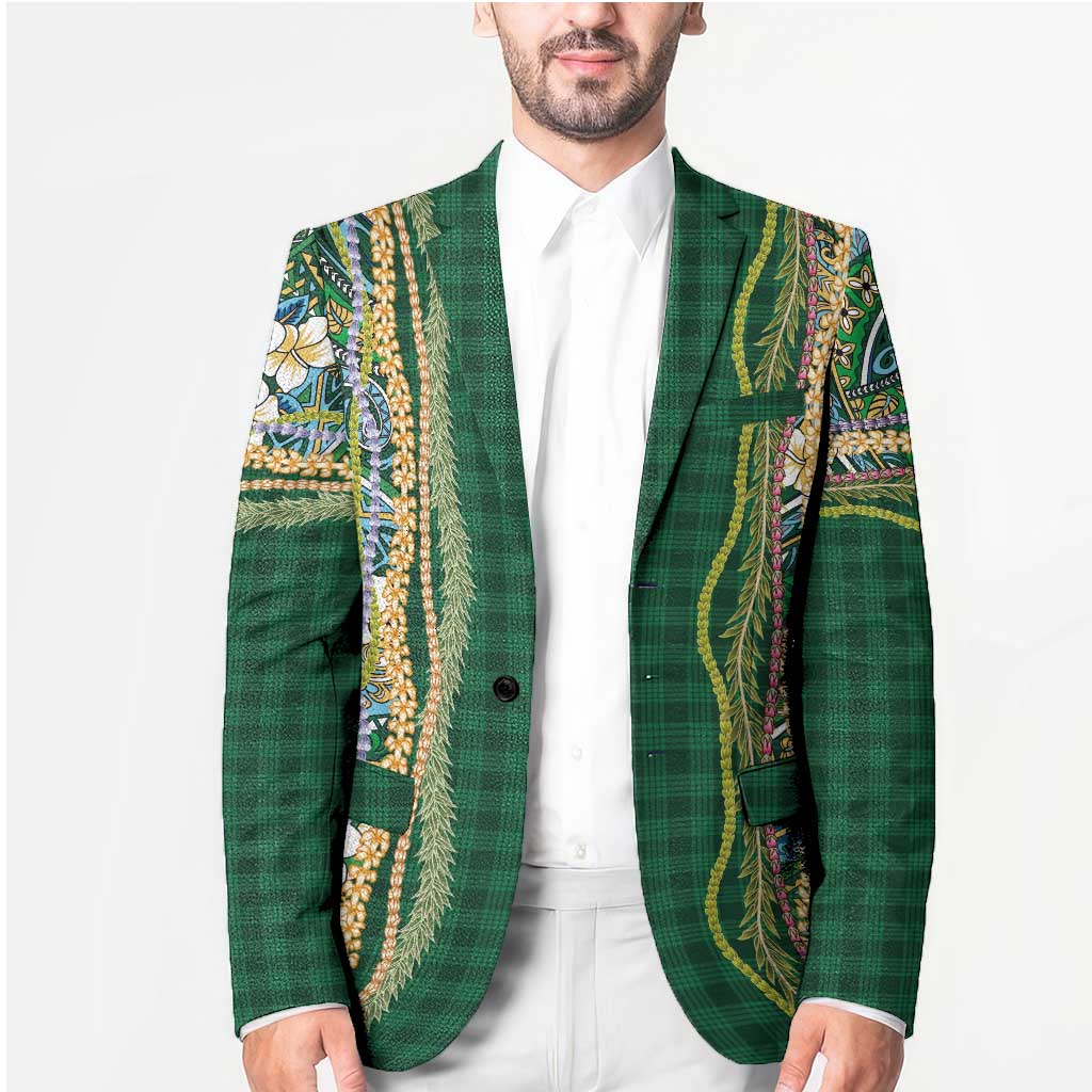 Hawaiian Art Flower Tribal with Lei Blazer Palaka Pattern Green Color - Polynesian Pride