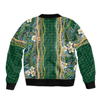 Hawaiian Art Flower Tribal with Lei Bomber Jacket Palaka Pattern Green Color - Polynesian Pride