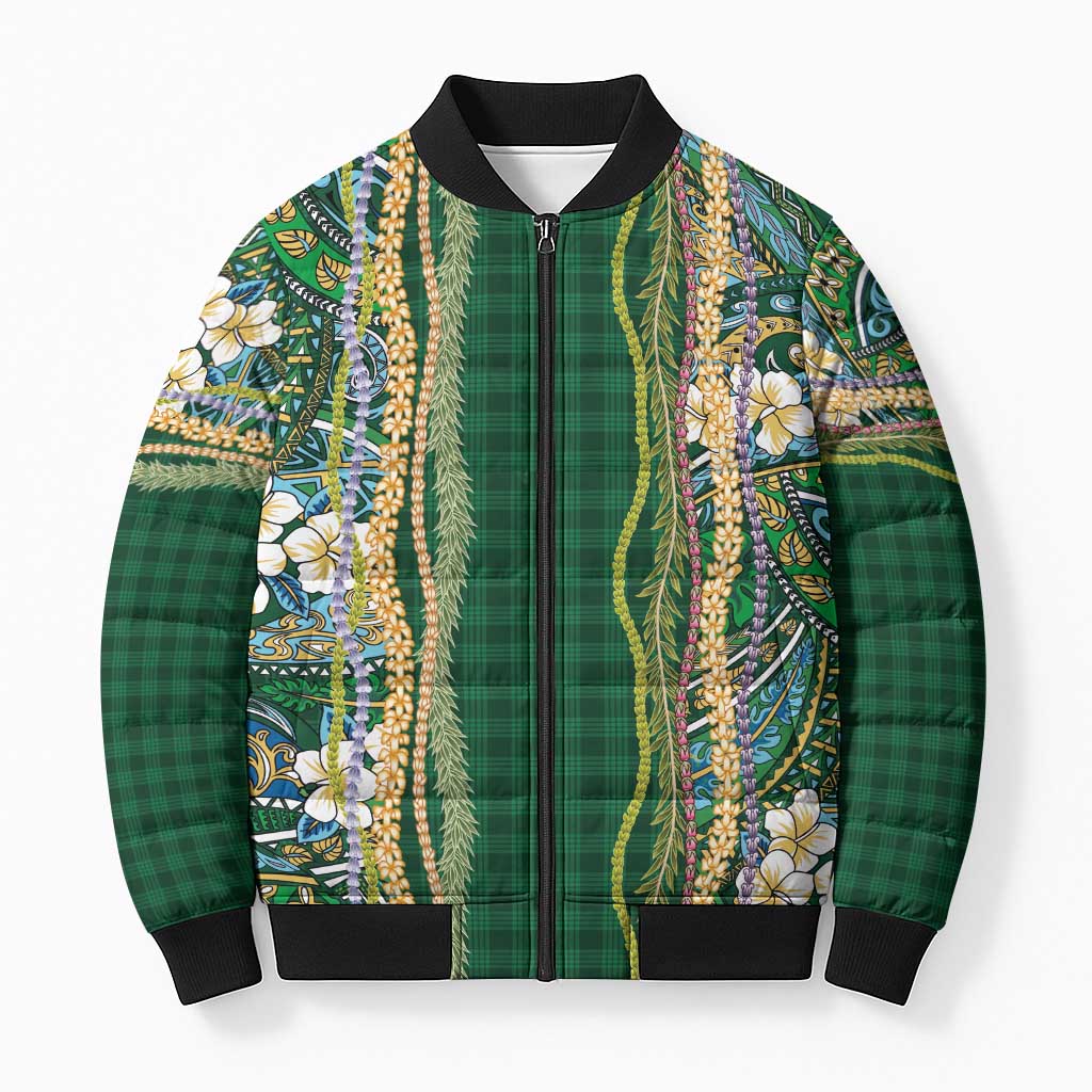 Hawaiian Art Flower Tribal with Lei Bomber Puffer Jacket Palaka Pattern Green Color - Polynesian Pride